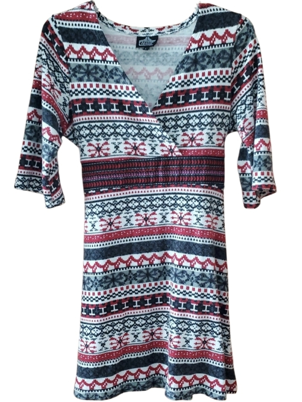 Angie Womans Red & Gray Fair Isle Scandinavian Striped Wrap‎ Sweater Dress